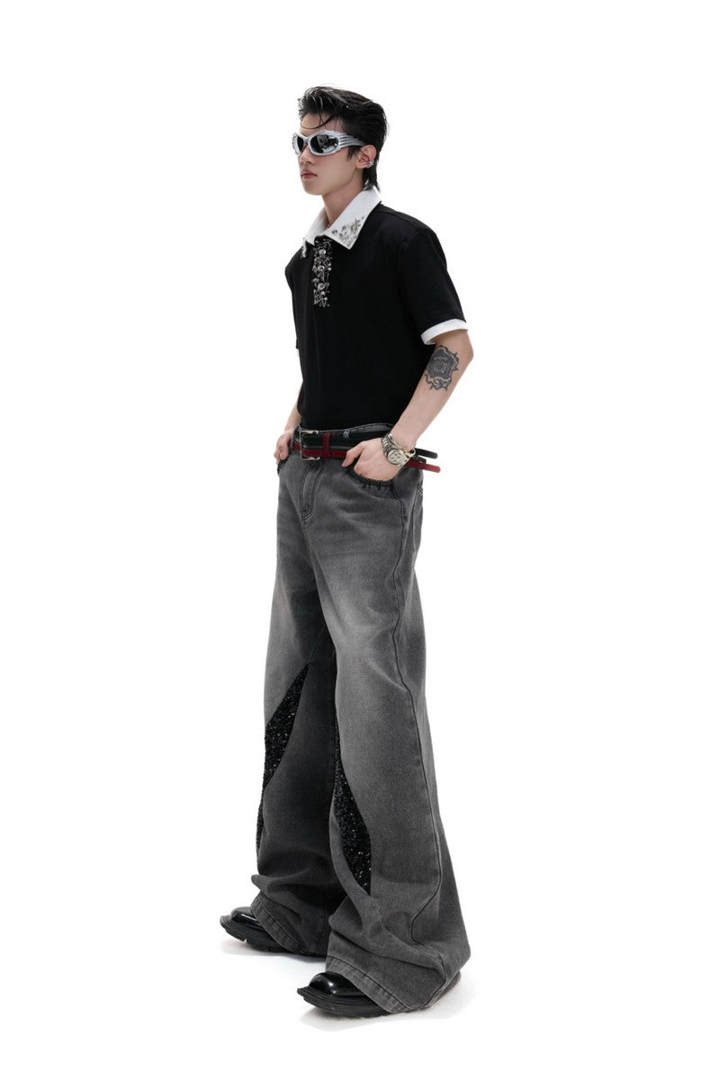Washed Sequin Straight Jeans