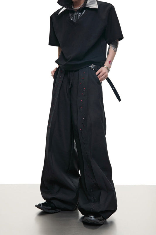 Rhinestone Embroidered Ribbon Trousers