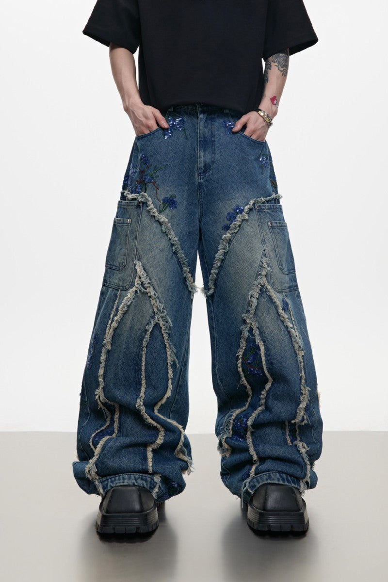 Sequin Trim Wide Leg Jeans