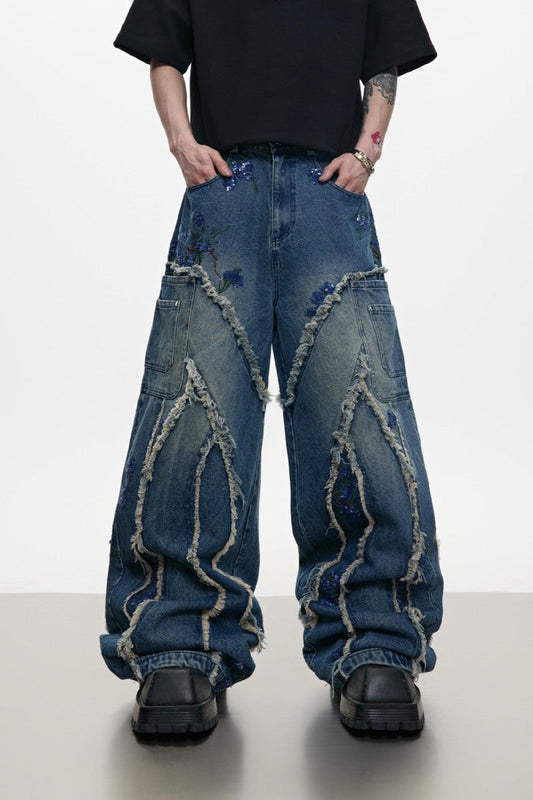 Sequin Trim Wide Leg Jeans