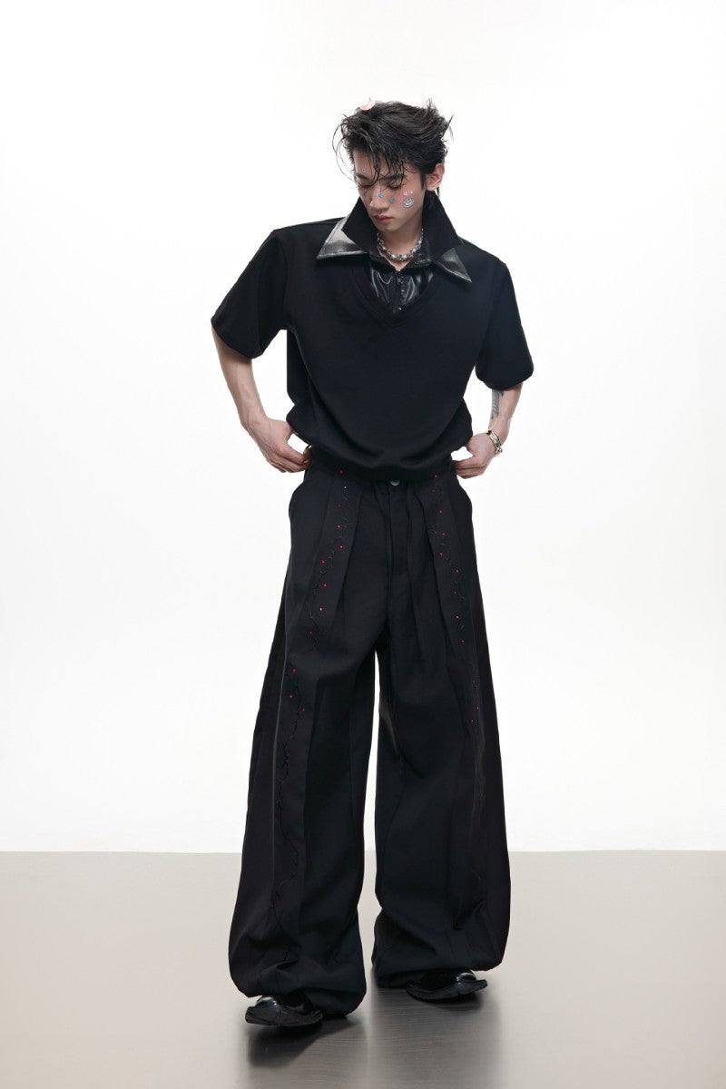 Rhinestone Embroidered Ribbon Trousers