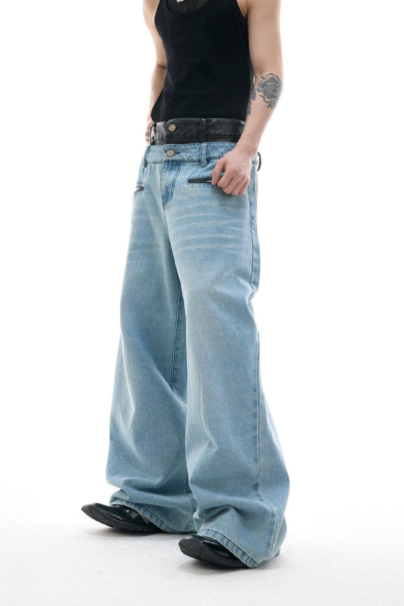 Washed Distressed Layered Jeans