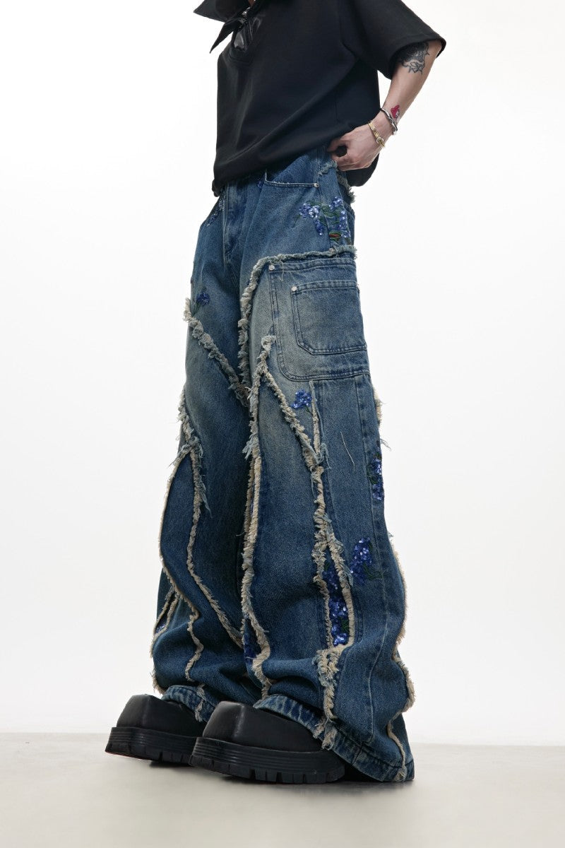 Sequin Trim Wide Leg Jeans