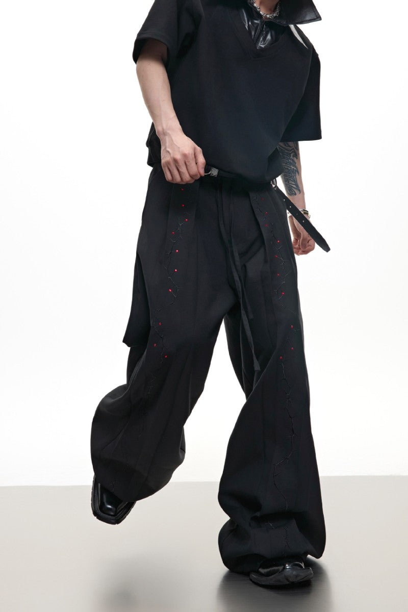 Rhinestone Embroidered Ribbon Trousers