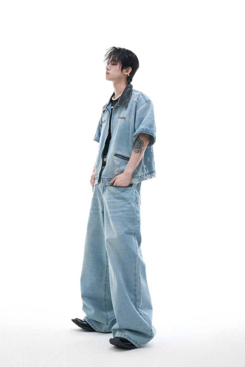Washed Distressed Layered Jeans