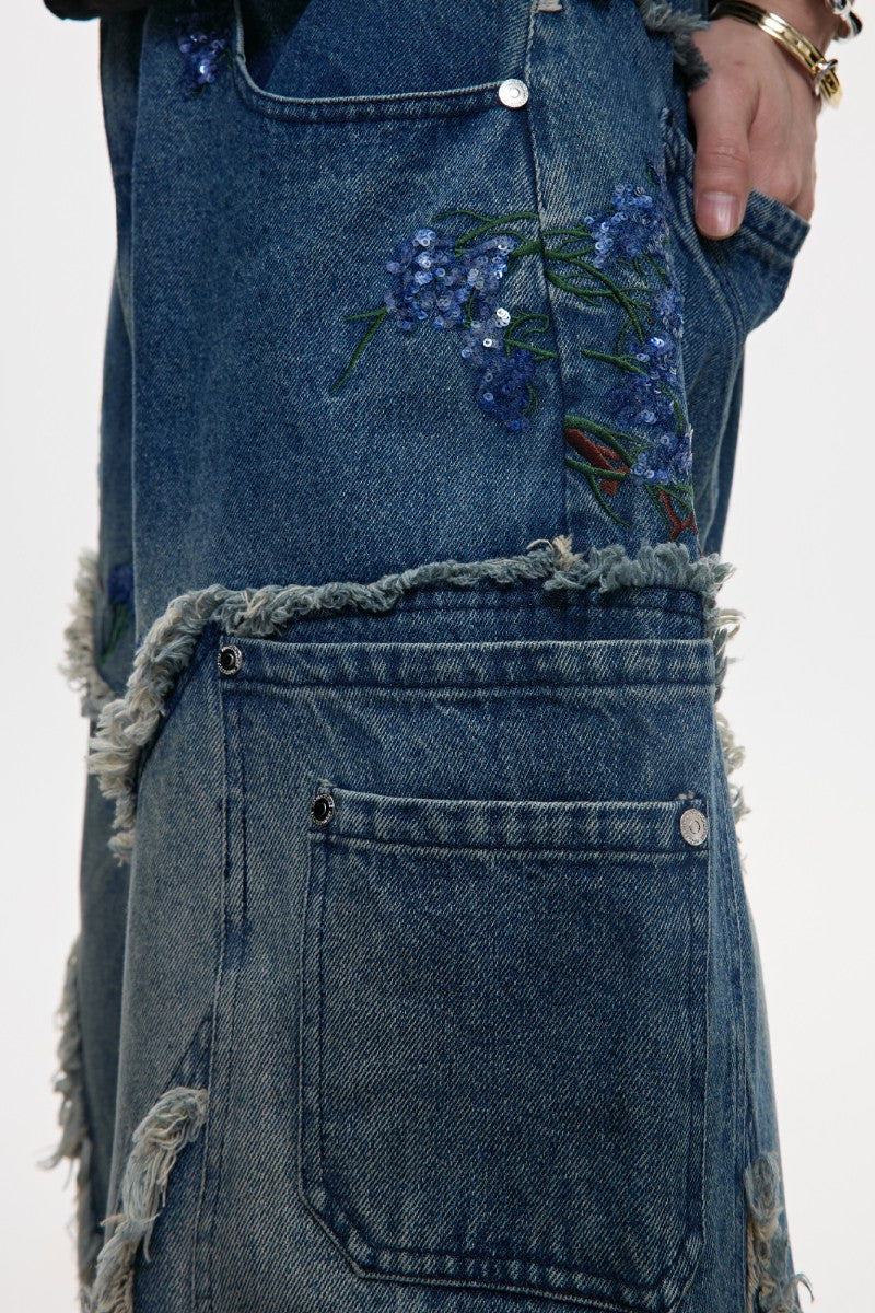 Sequin Trim Wide Leg Jeans