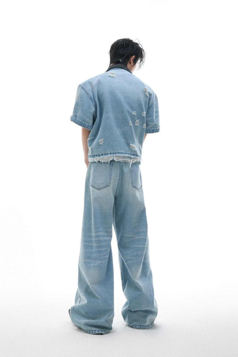 Washed Distressed Layered Jeans