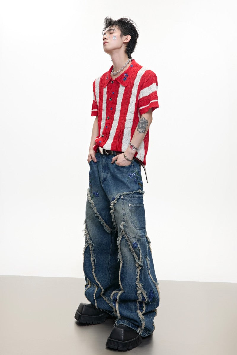 Sequin Trim Wide Leg Jeans