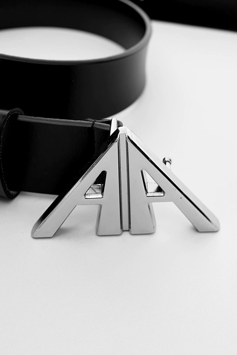 Deconstructed Leather Metal Logo Belt