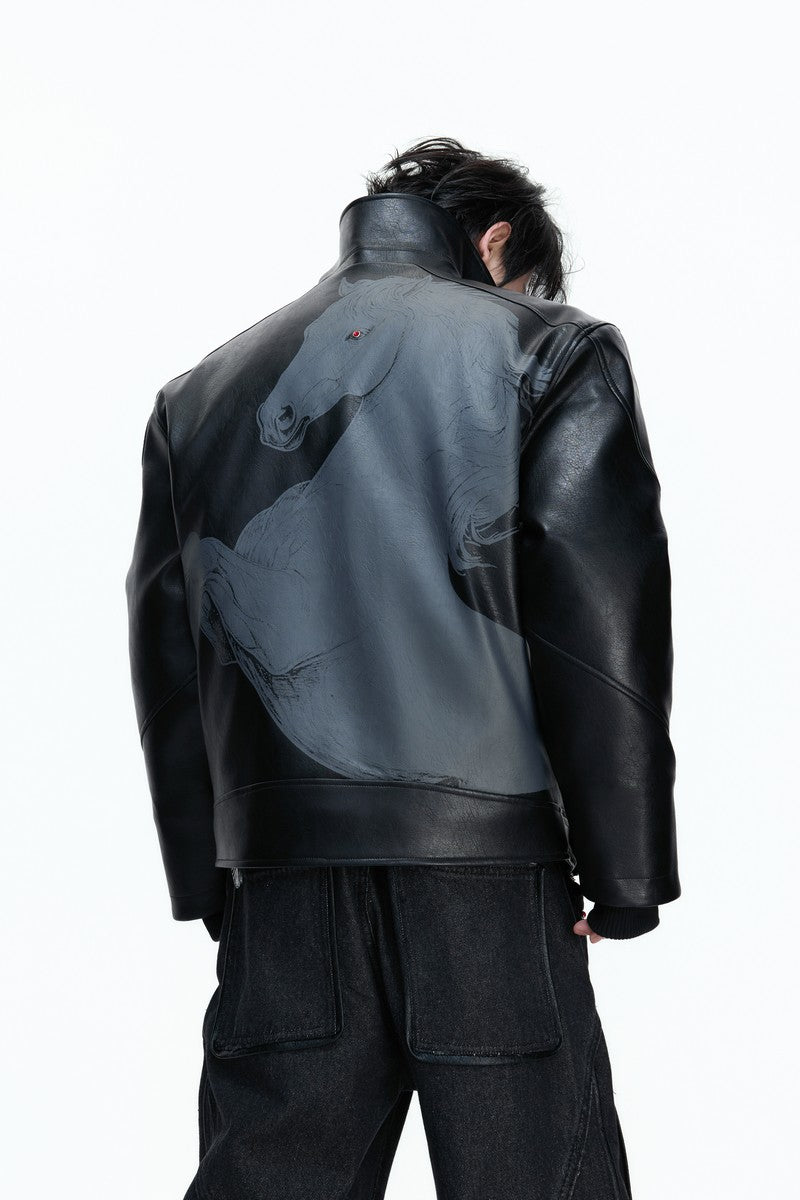 Embroidered Horse Badge Leather Jacket