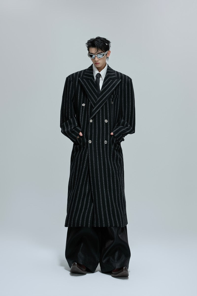 Striped Cinched Wool Overcoat