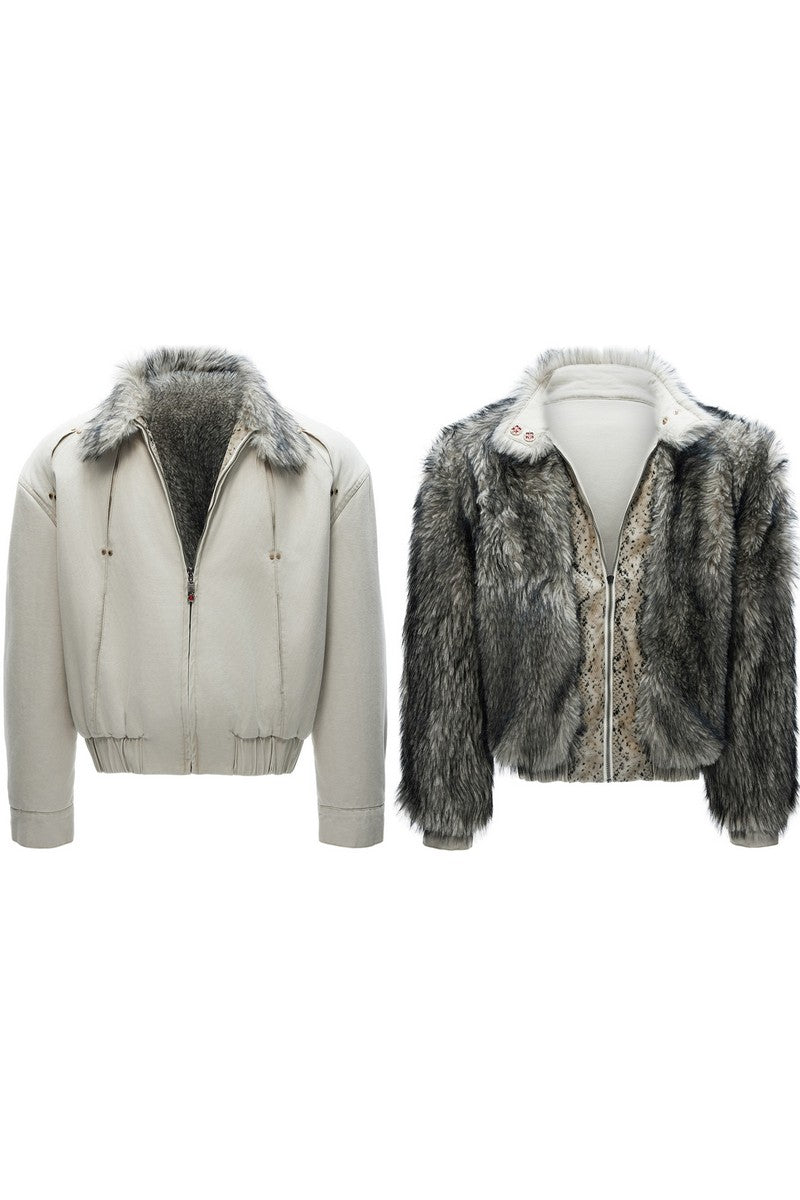 Washed Canvas Faux Wolf Fur Puffer