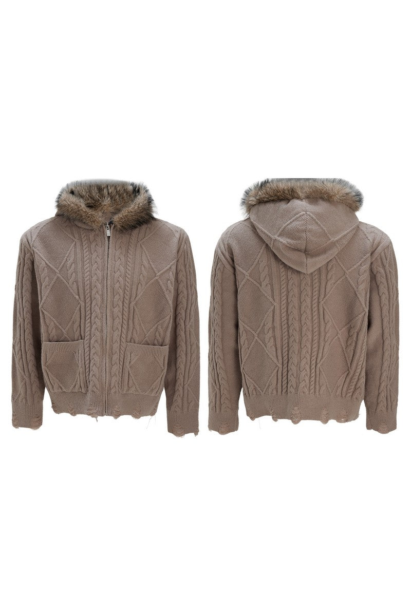 Faux Fur Knit Zip-Up Hoodie