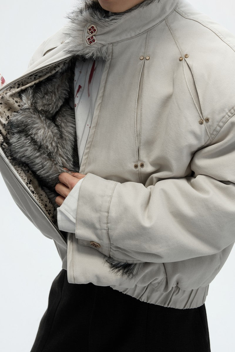 Washed Canvas Faux Wolf Fur Puffer