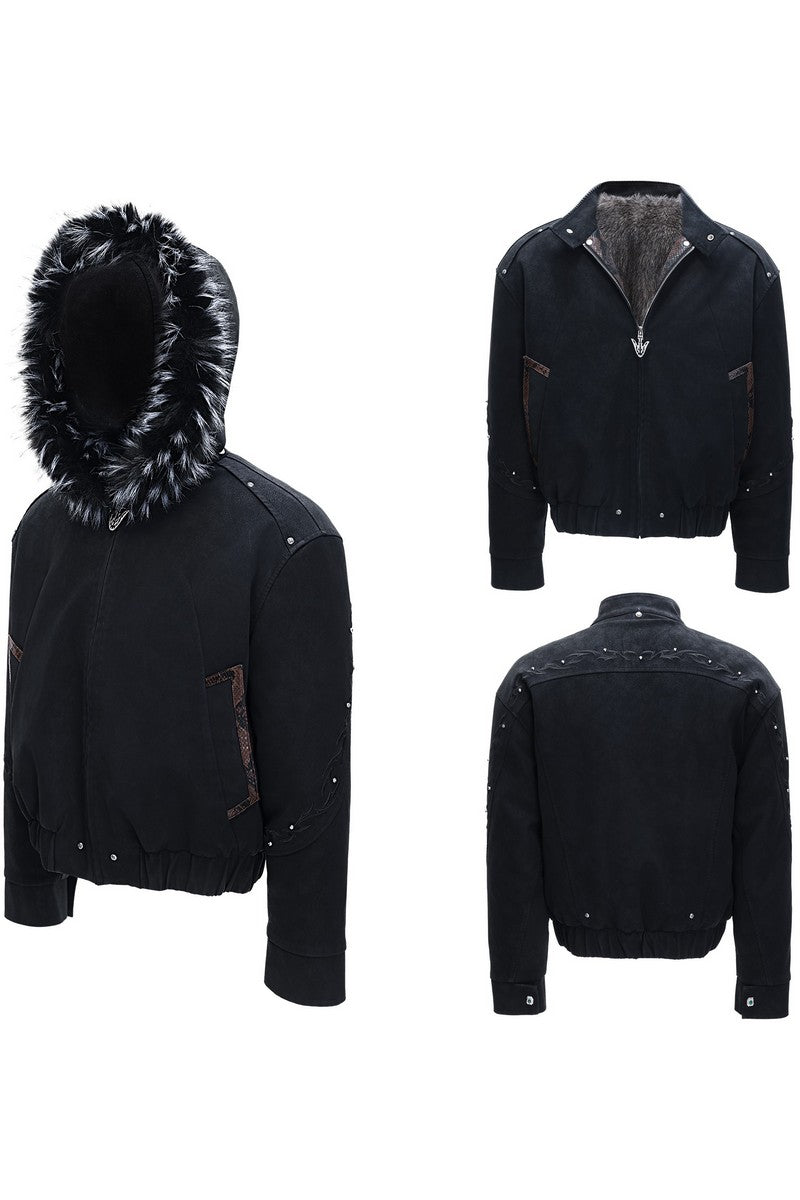 Embroidered Washed Leather Puffer