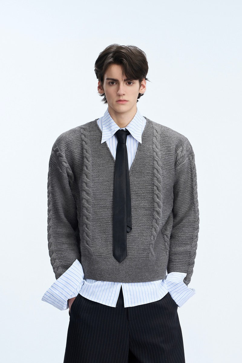 Layered V-Neck Cable Knit Sweater