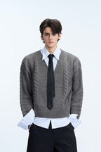 Layered V-Neck Cable Knit Sweater