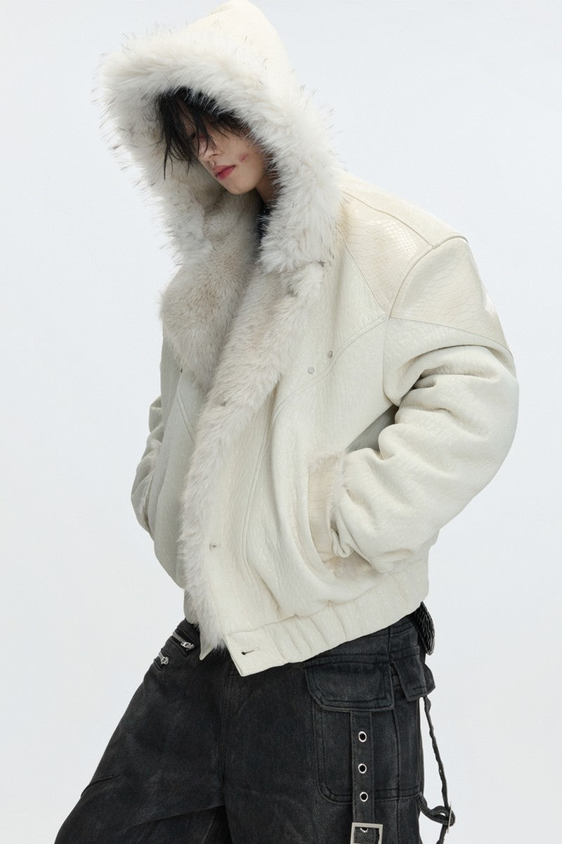 Marble Faux Wolf Fur Puffer Jacket