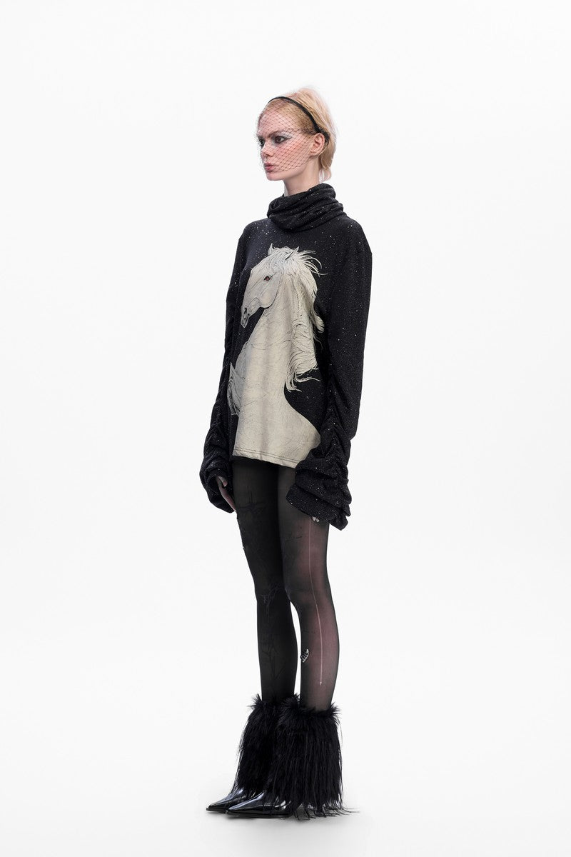 Sequin Horse Print High Neck Sweater