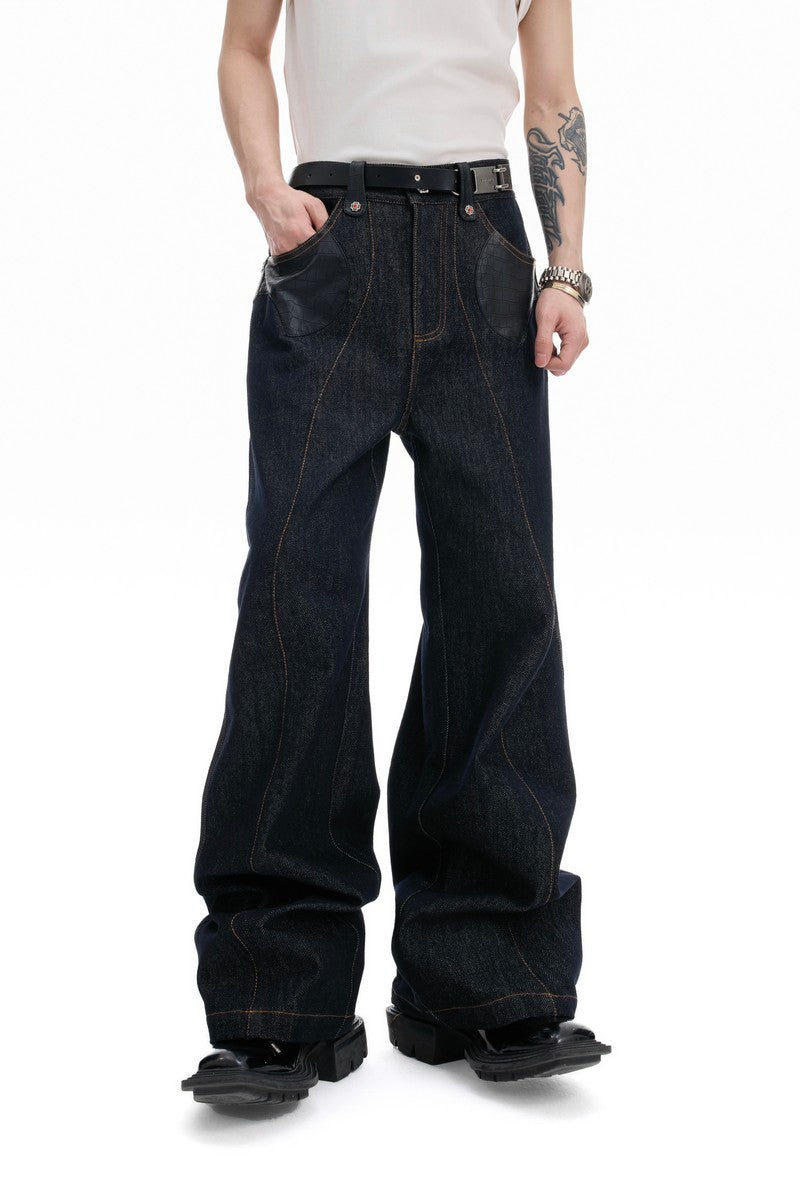 【ARGUE CULTURE】Wide-leg Graffiti Denim Graphic Letter Patchwork Wide Leg Denim Jeans & Belt & Chain
