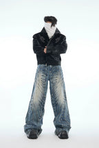 Ruched Wide-Leg Washed Denim Jeans