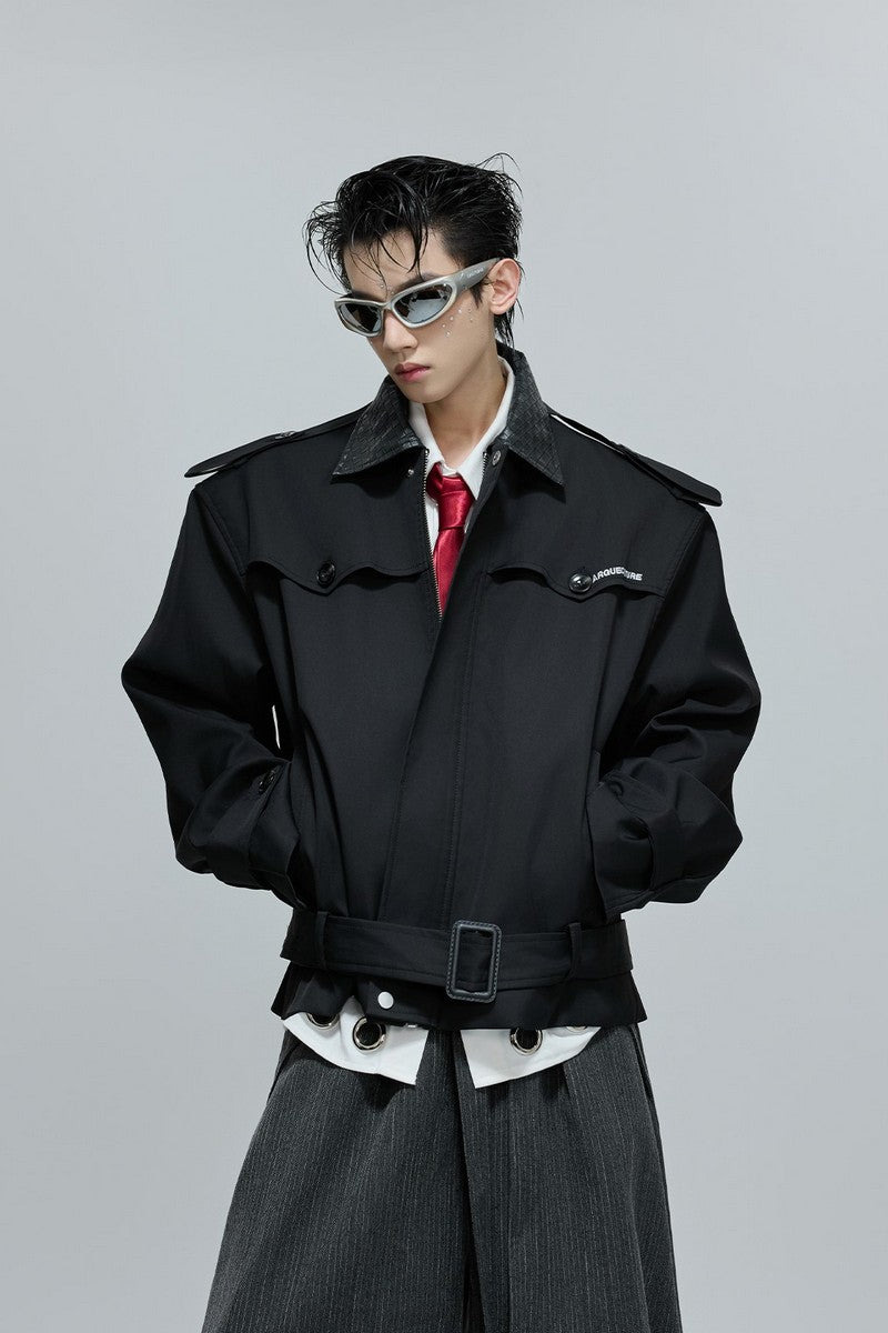 Woven Leather Cropped Trench Jacket