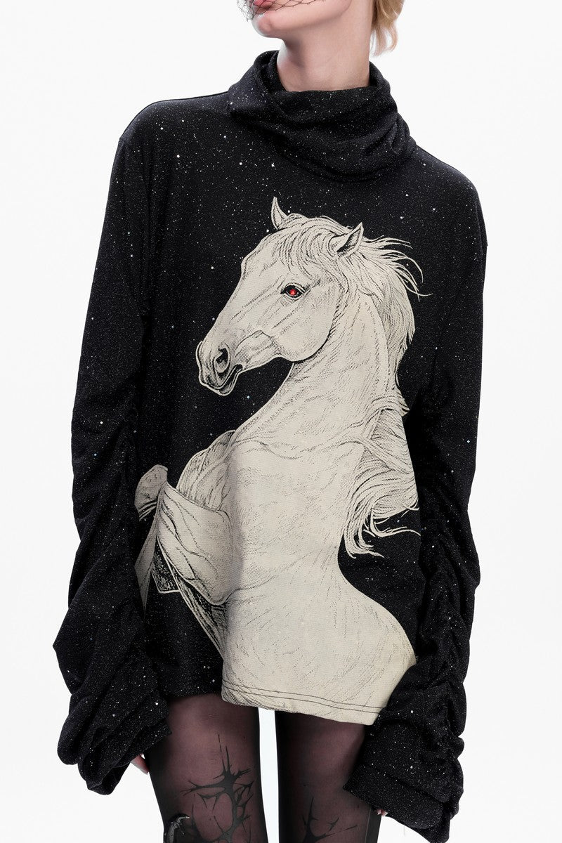 Sequin Horse Print High Neck Sweater