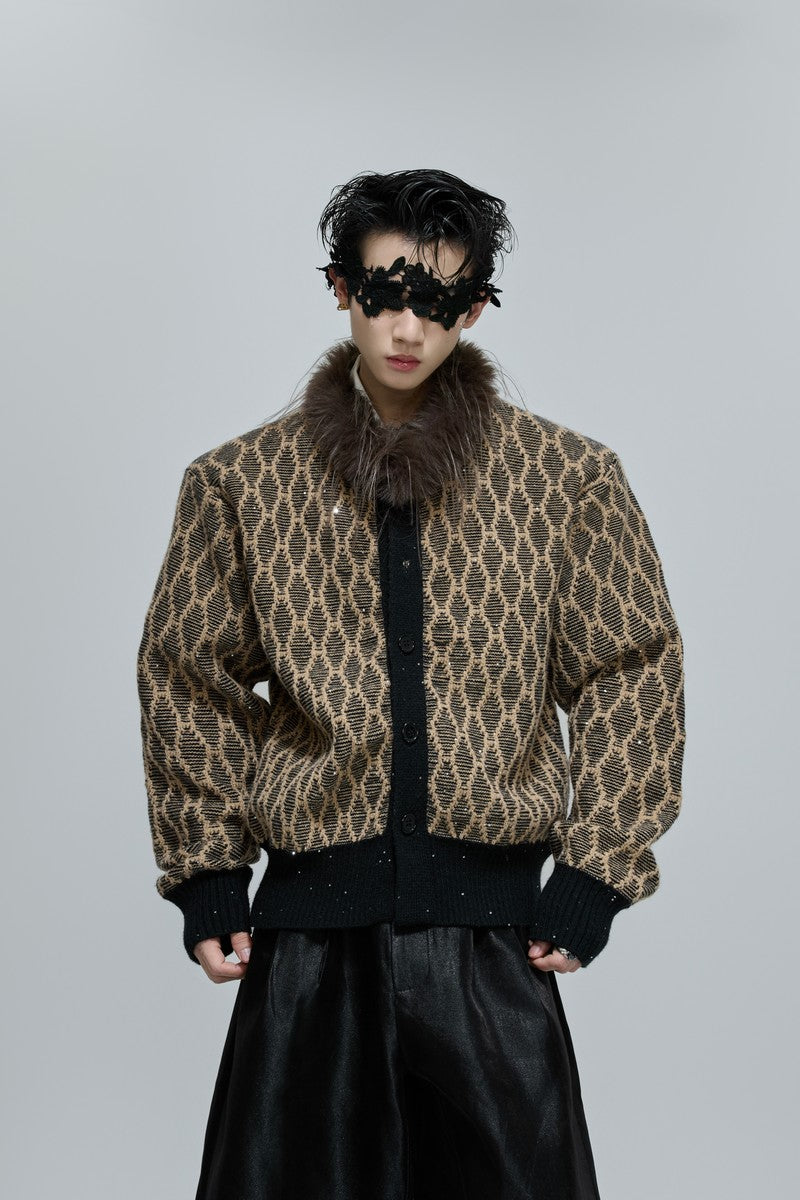 Sequin Knit Cardigan with Fur Collar