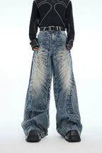 Ruched Wide-Leg Washed Denim Jeans