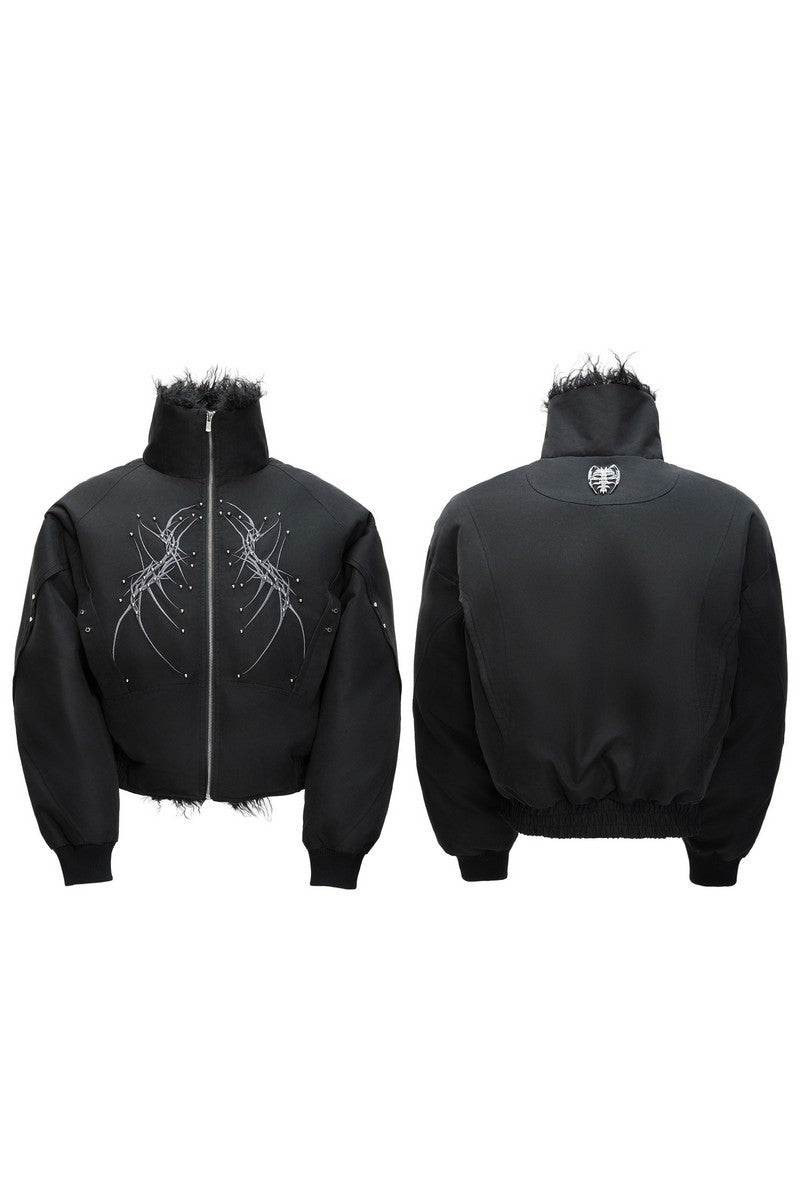 Embroidered Studded Fleece Puffer Jacket