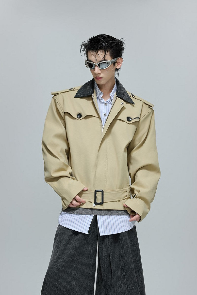 Woven Leather Cropped Trench Jacket