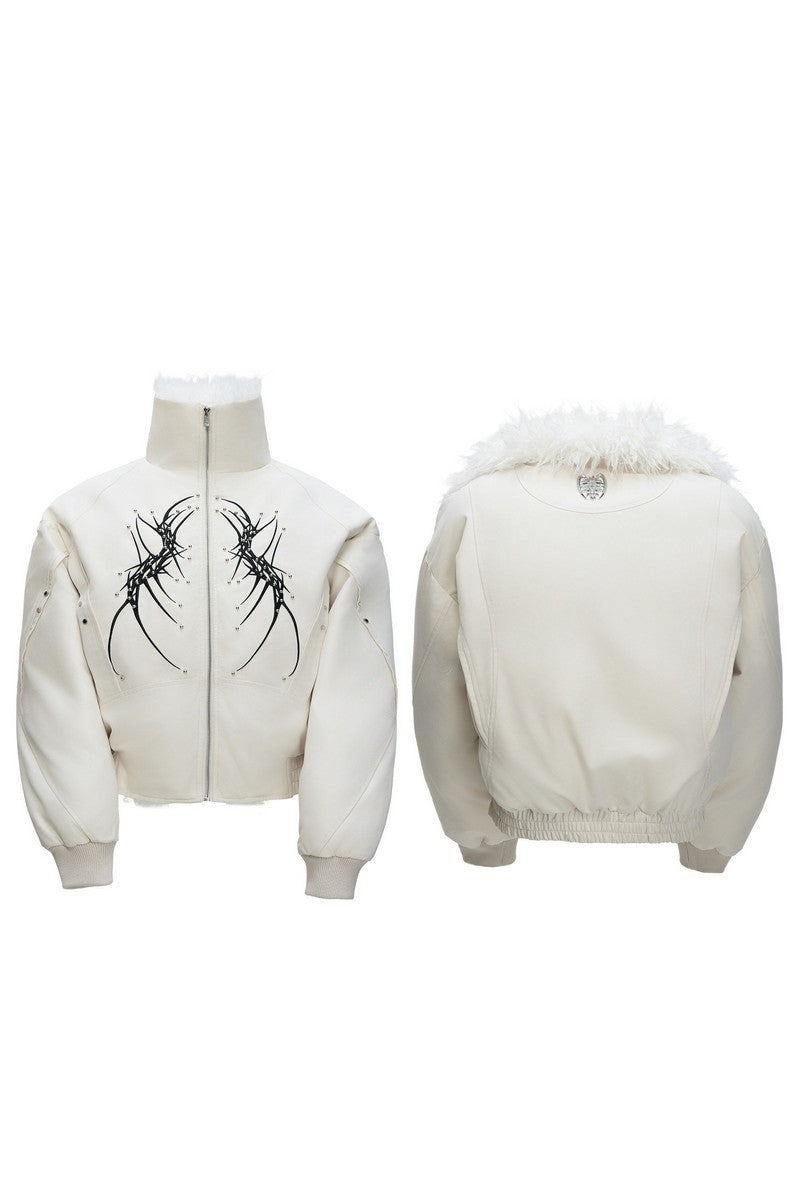 Embroidered Studded Fleece Puffer Jacket