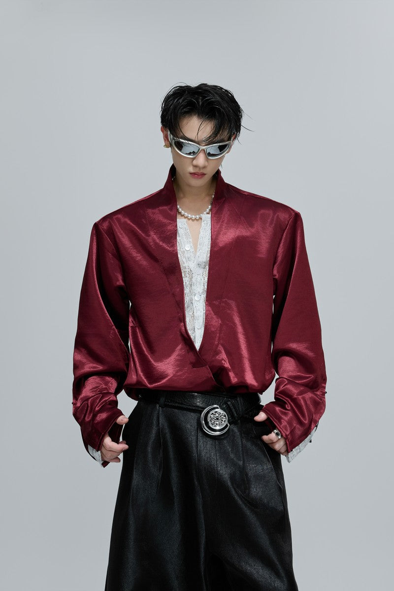 Lace V-Neck Layered Satin Blouse