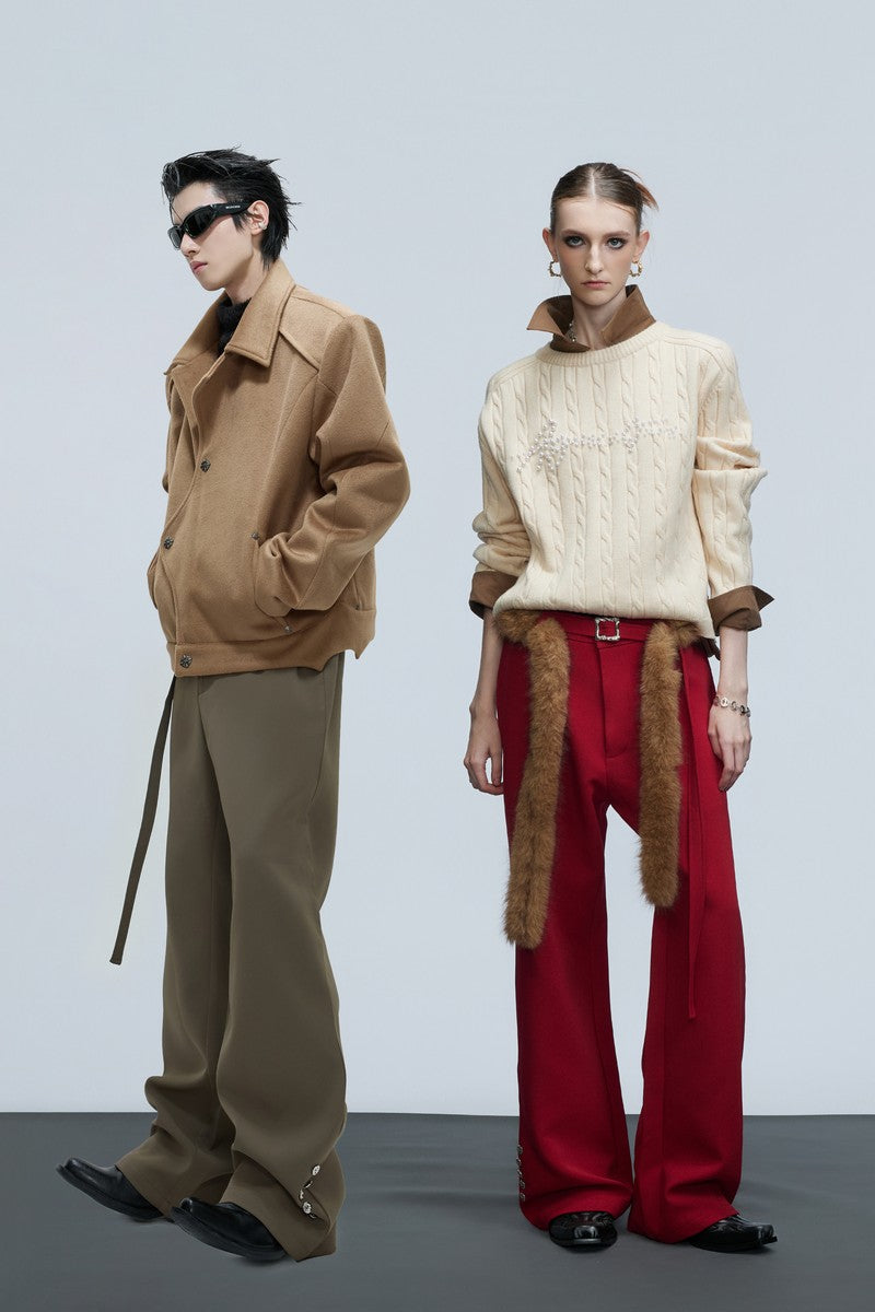Flared Tailored Pants with Fur Belt