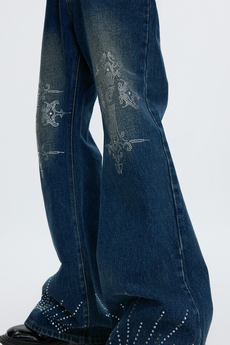 Washed Rhinestone Flare Jeans