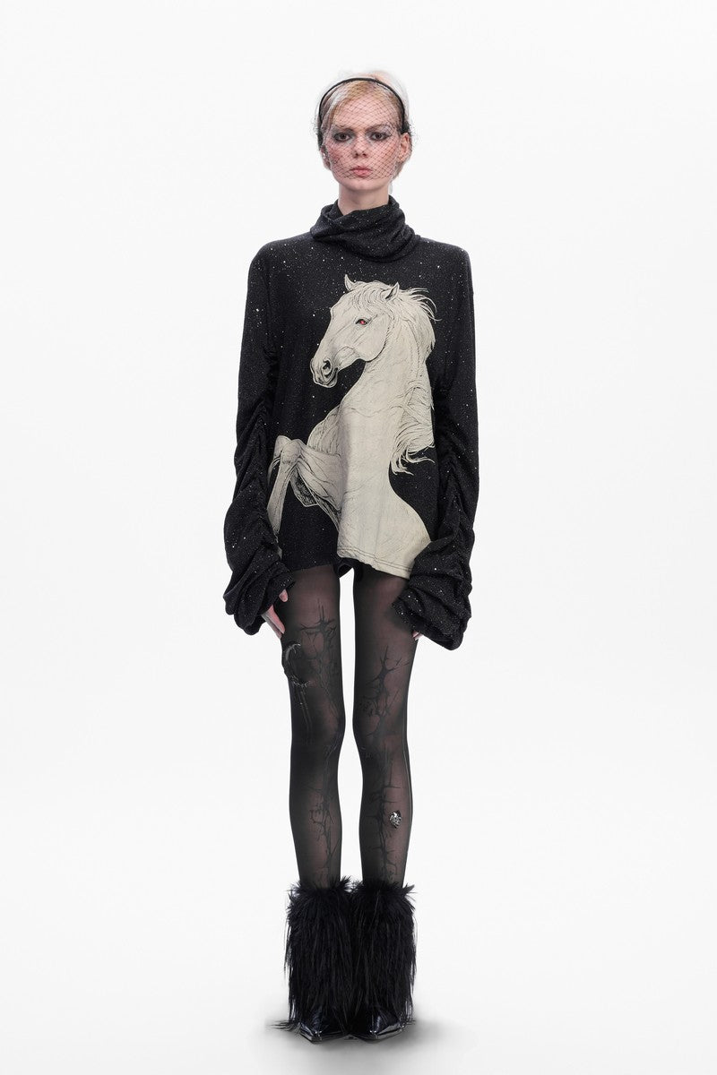 Sequin Horse Print High Neck Sweater