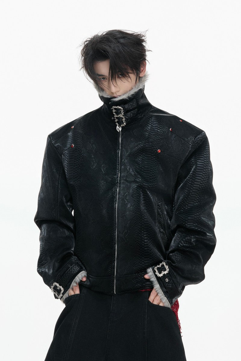 Snake Print Puffer Leather Jacket