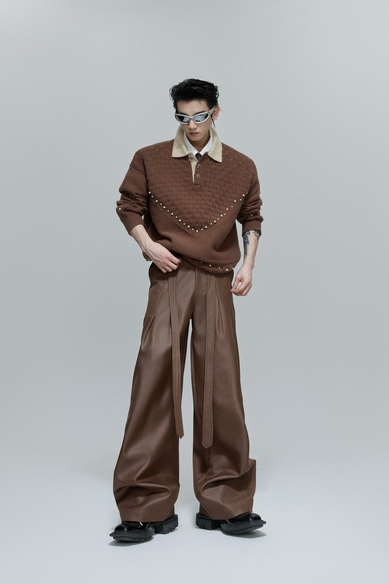 Glossy Pleated Straight Leg Trousers