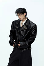Pin Detail Geisha Print Leather Jacket