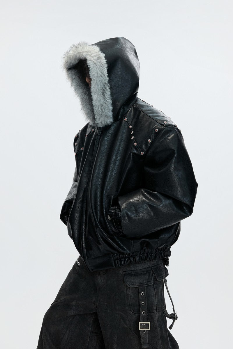 Hooded Leather Puffer Jacket