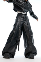 Deconstructed Studded Wide-Leg Leather Pants