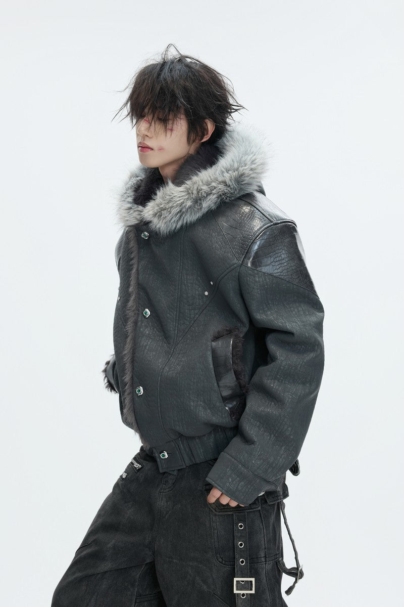 Marble Faux Wolf Fur Puffer Jacket