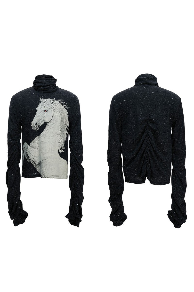 Sequin Horse Print High Neck Sweater