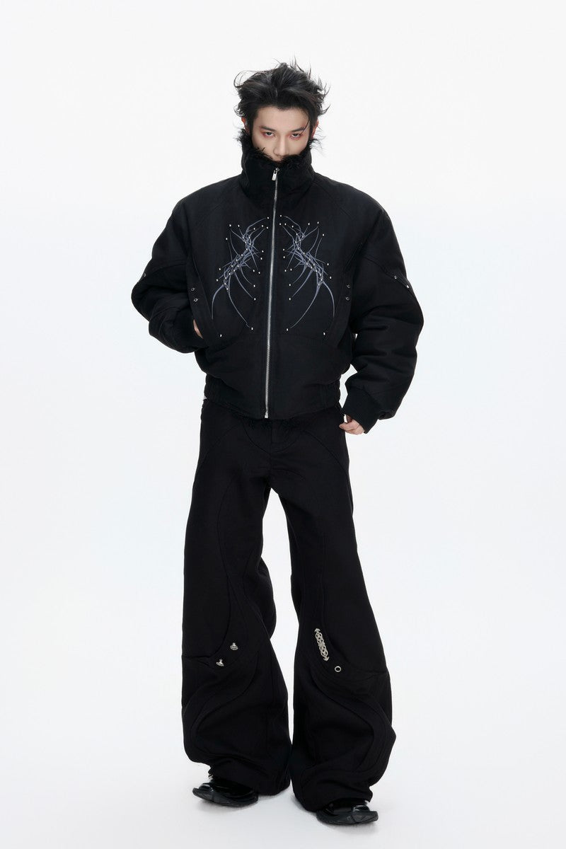 Embroidered Studded Fleece Puffer Jacket