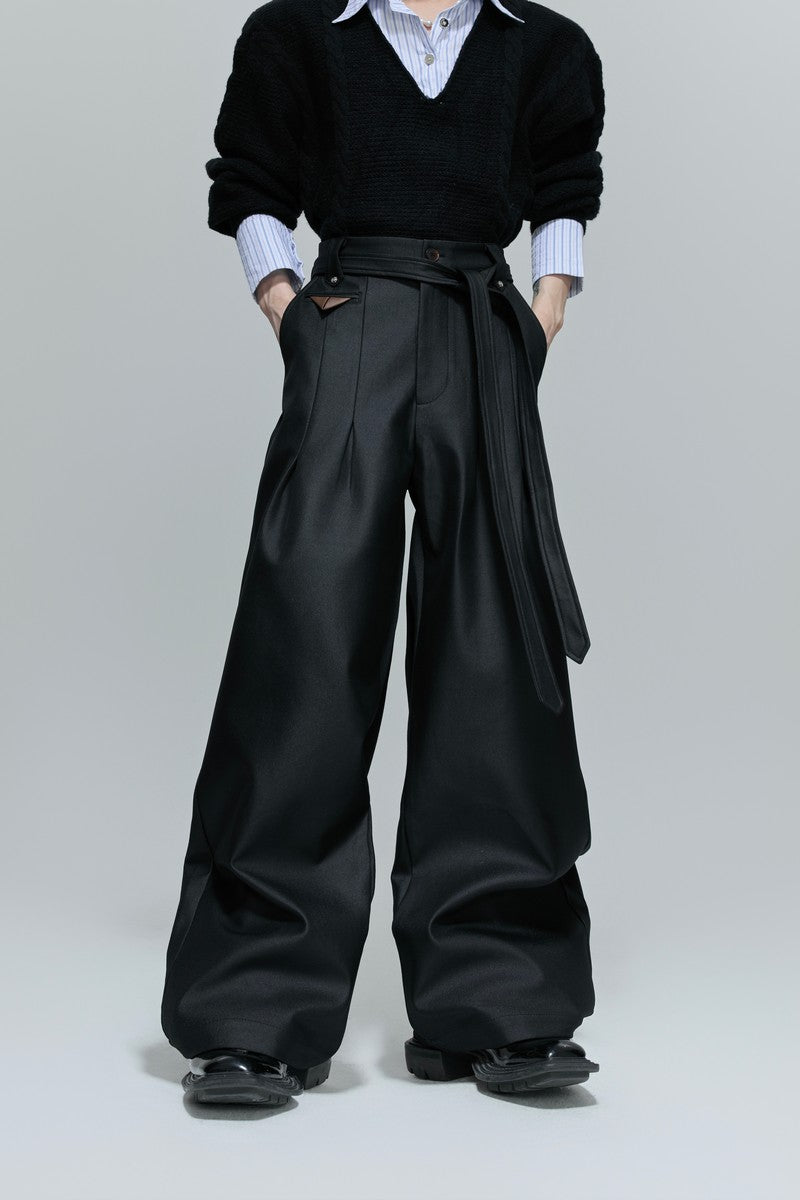 Glossy Pleated Straight Leg Trousers