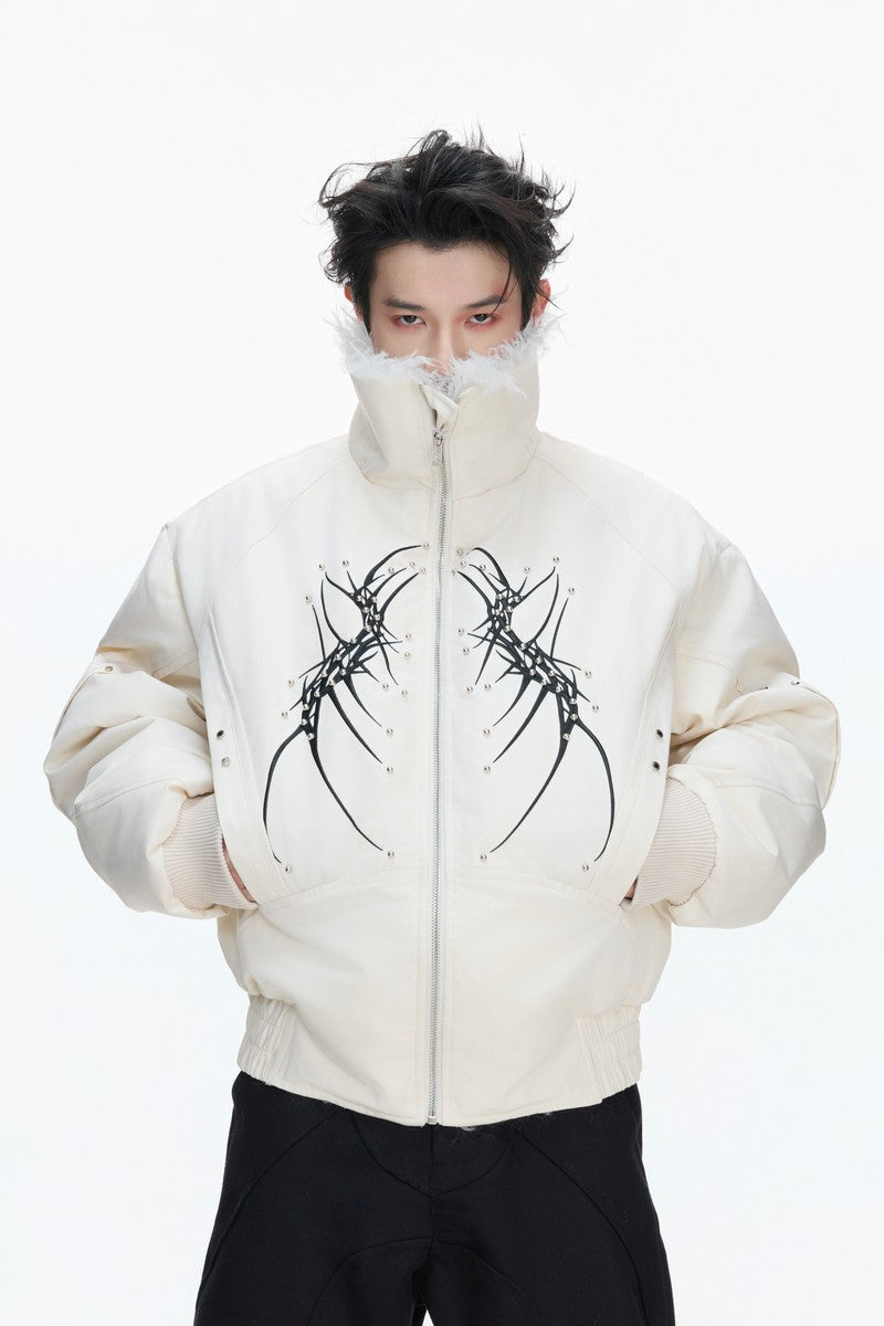 Embroidered Studded Fleece Puffer Jacket