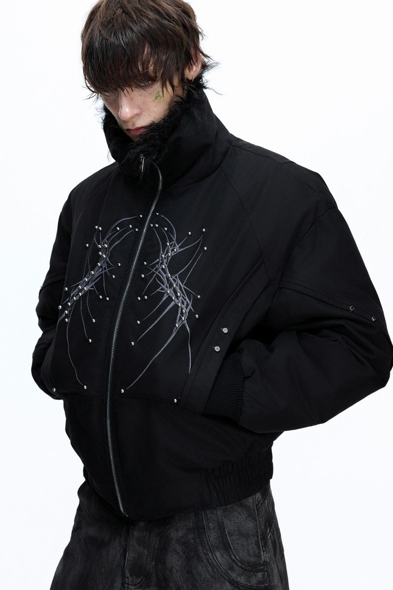 Embroidered Studded Fleece Puffer Jacket