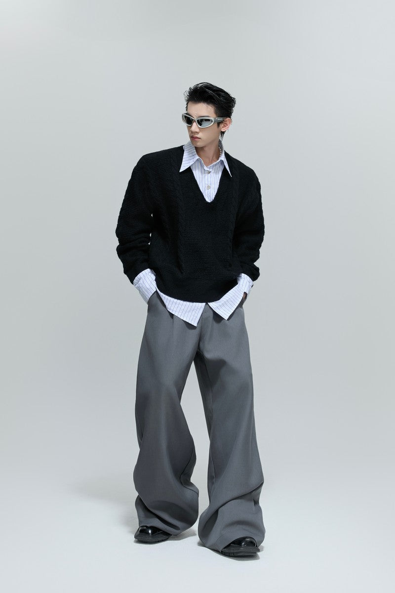 Layered V-Neck Cable Knit Sweater