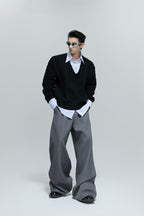 Layered V-Neck Cable Knit Sweater