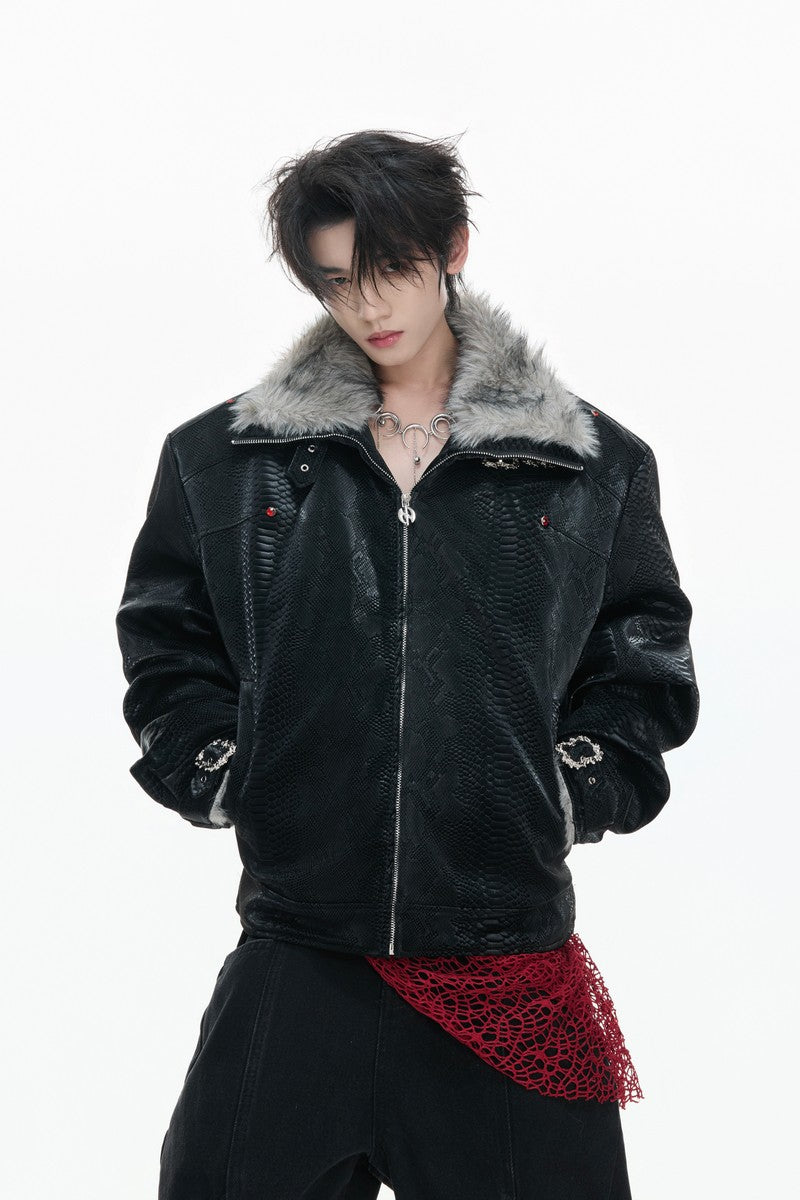 Snake Print Puffer Leather Jacket